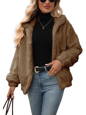 Women's Faux Fur Fall Winter Warm Fleece Jackets Full Zip Sherpa Jacket Brown